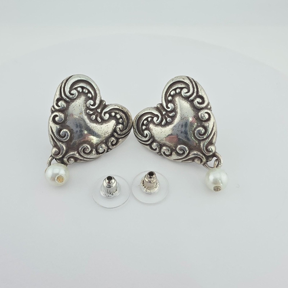 BRIGHTON Heart Earrings Retired Scrollwork Border Faux Pearl Dangle Silver Plate